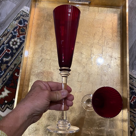 Pier 1 Dining Pair Of Pier Ruby Red Mouth Blown Tall Champagne